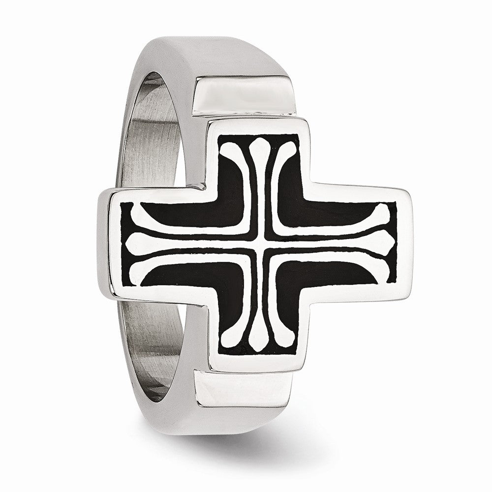 Stainless Steel Polished Cross Ring with Black Enamel Accent