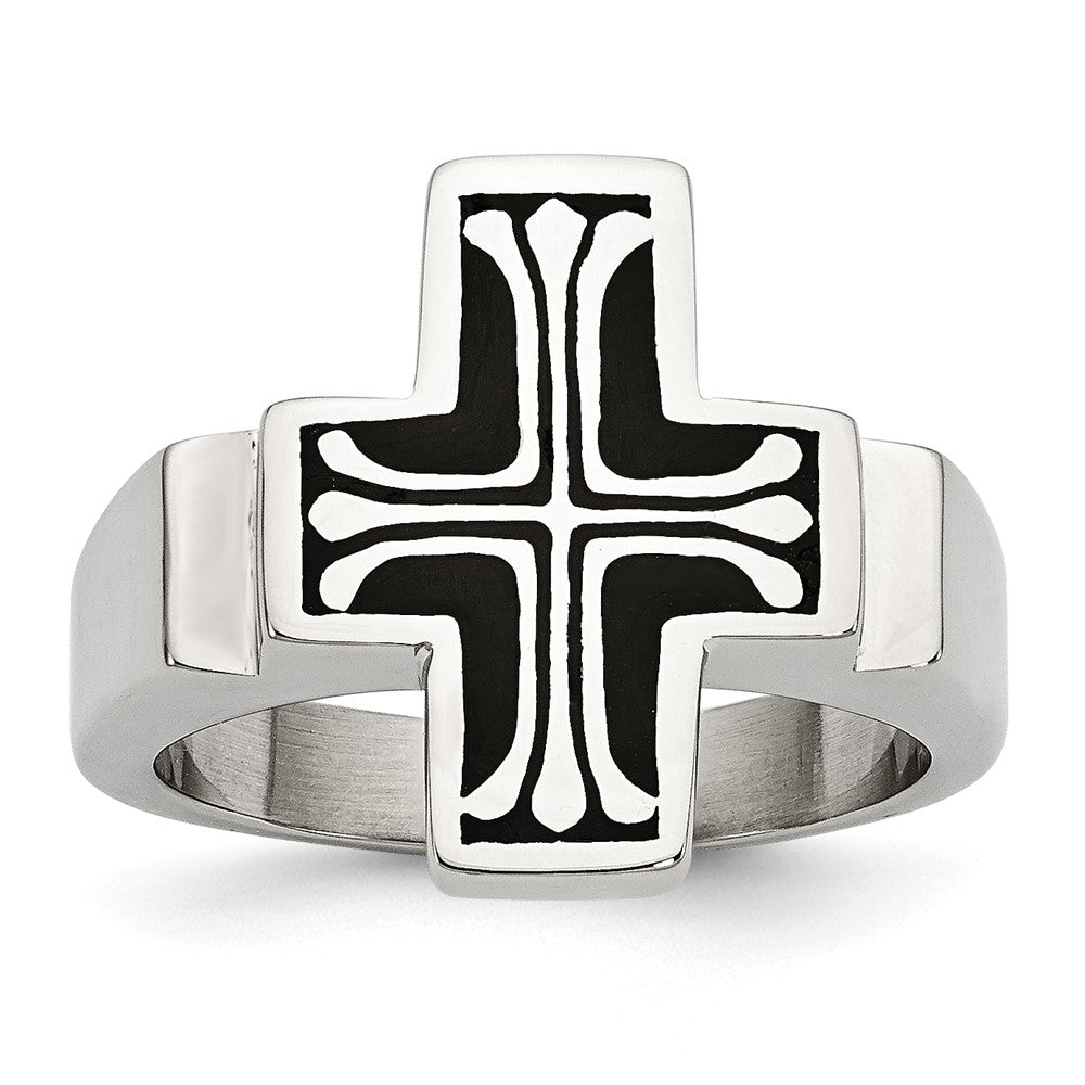 Stainless Steel Polished Cross Ring with Black Enamel Accent Main image
