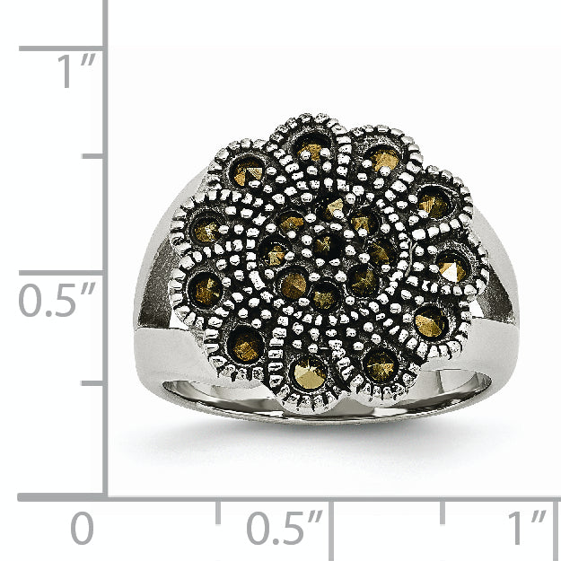 Stainless Steel Textured Flower Marcasite Ring