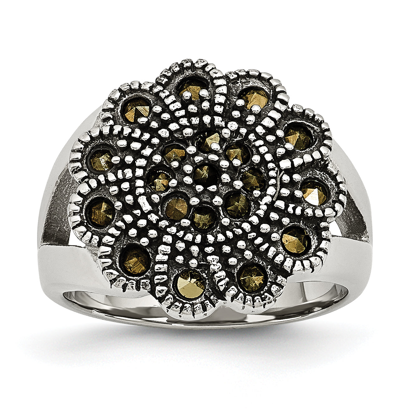 Stainless Steel Textured Flower Marcasite Ring Main image