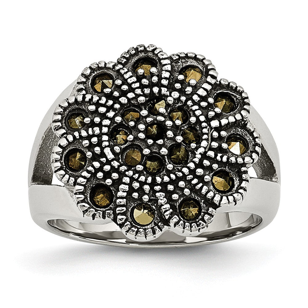 Stainless Steel Textured Flower Marcasite Ring with Polished Finish Main image