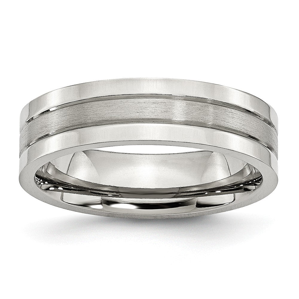 Grooved Comfort-Fit Wedding Band in Stainless Steel, 6mm