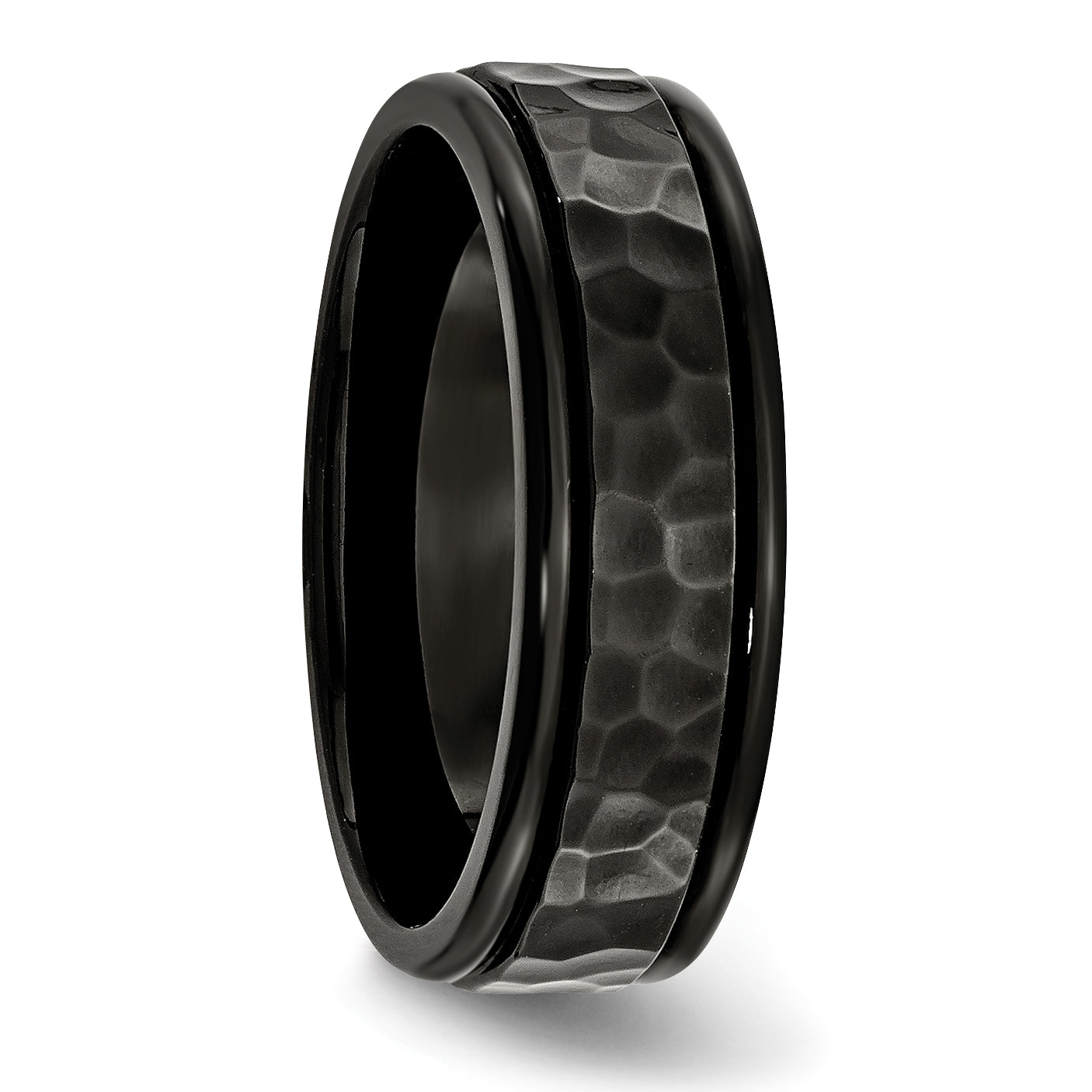 Stainless Steel Polished and Hammered Black IP-plated 7mm Band