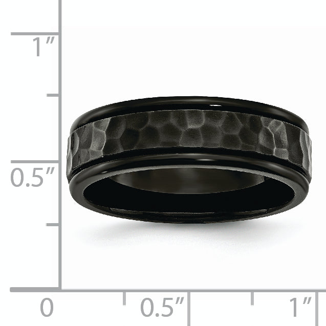 Stainless Steel Polished and Hammered Black IP-plated 7mm Band