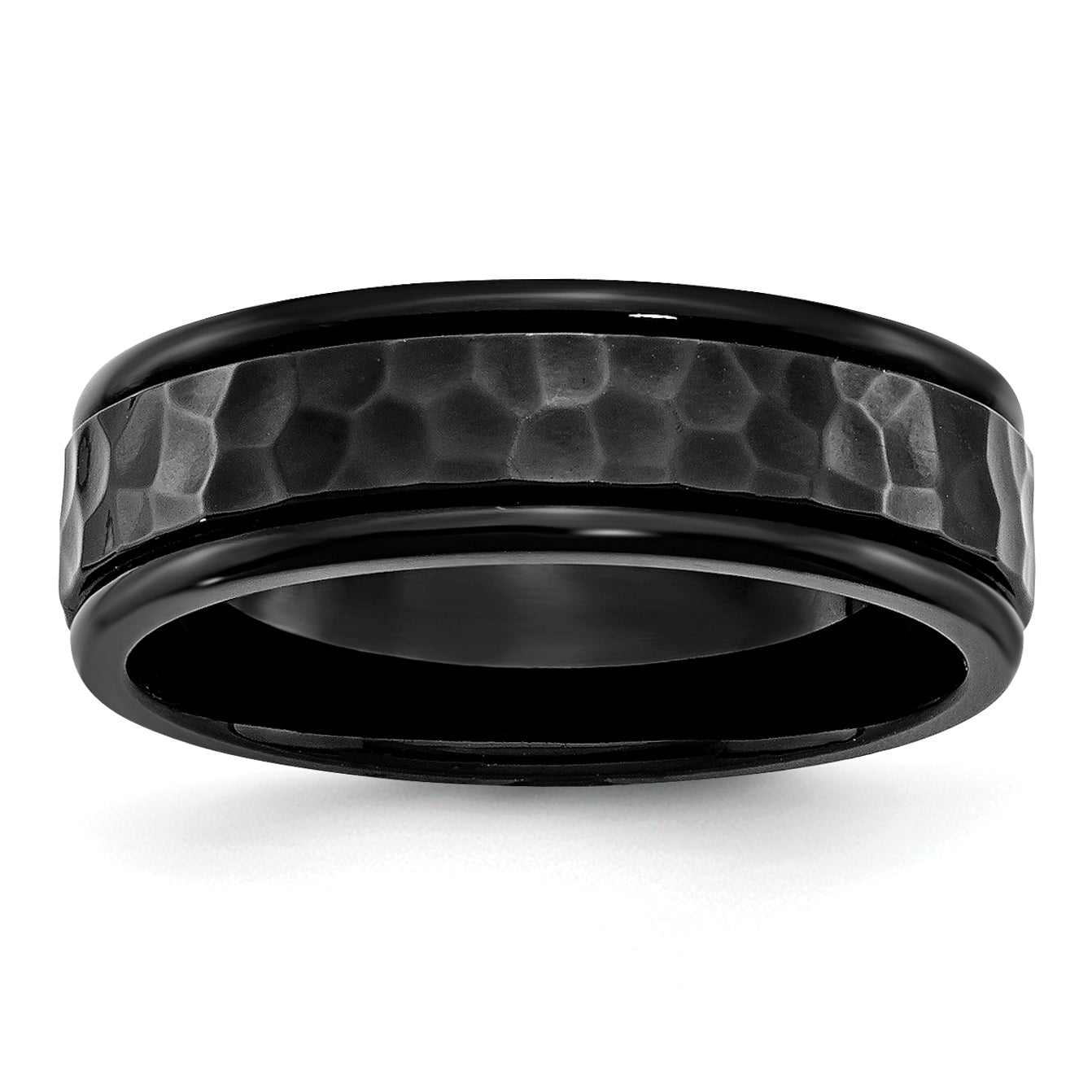 Stainless Steel Polished and Hammered Black IP-plated 7mm Band