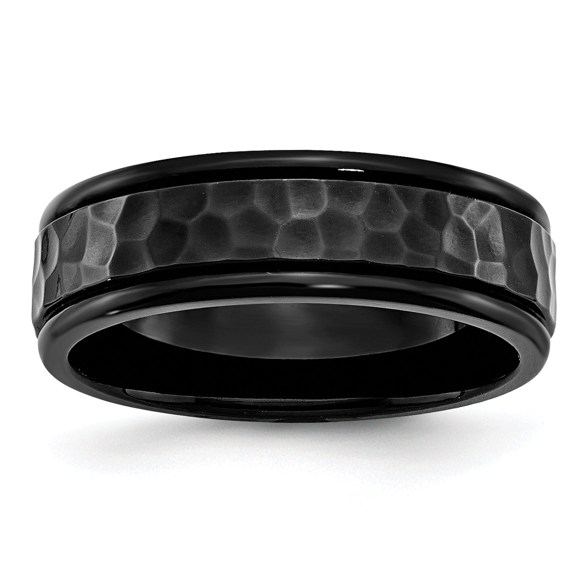 Stainless Steel Polished and Hammered Black IP-plated 7mm Band