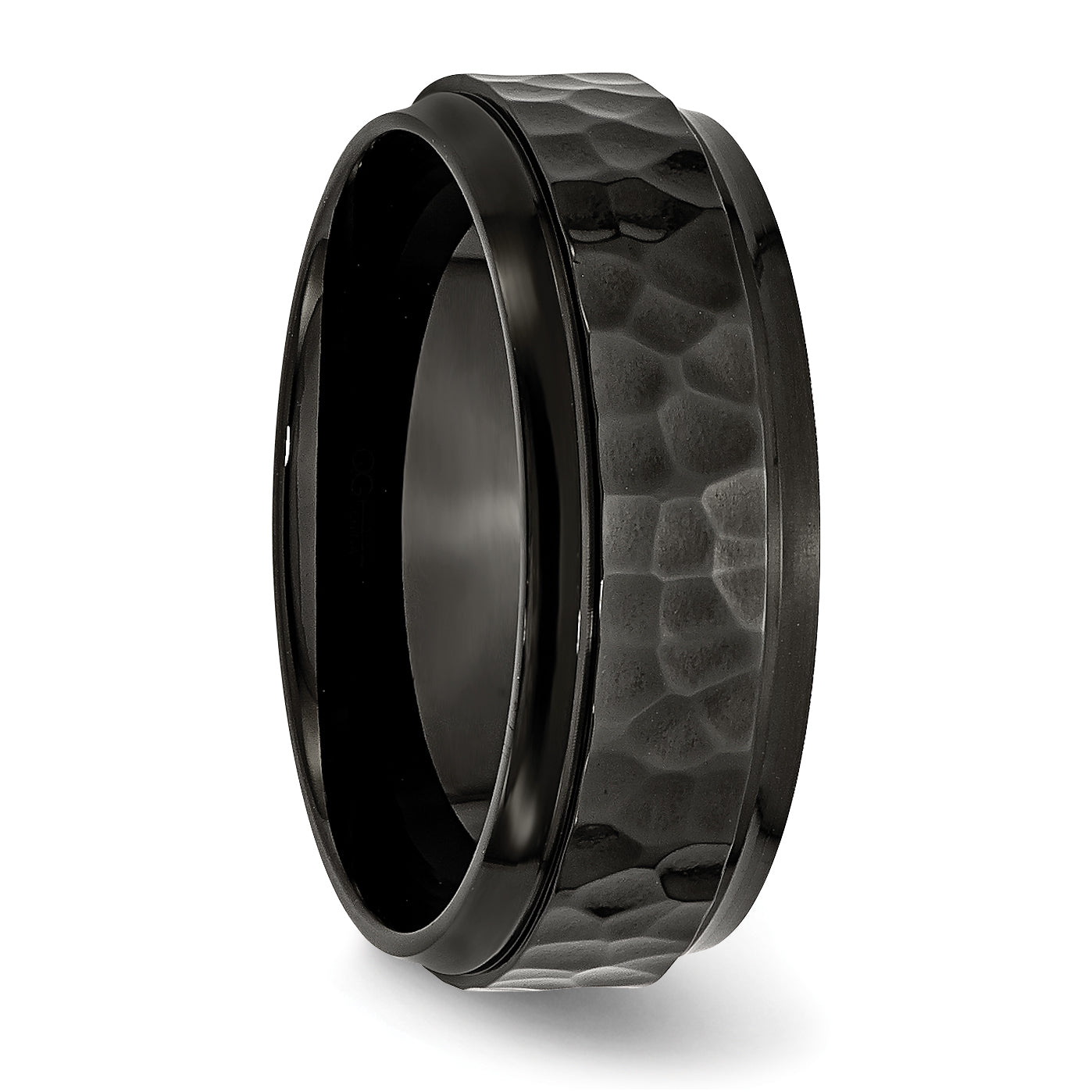 Stainless Steel Polished and Hammered Black IP-plated 8mm Beveled Edge Band