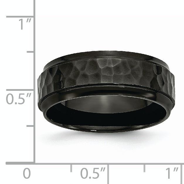 Stainless Steel Polished and Hammered Black IP-plated 8mm Beveled Edge Band