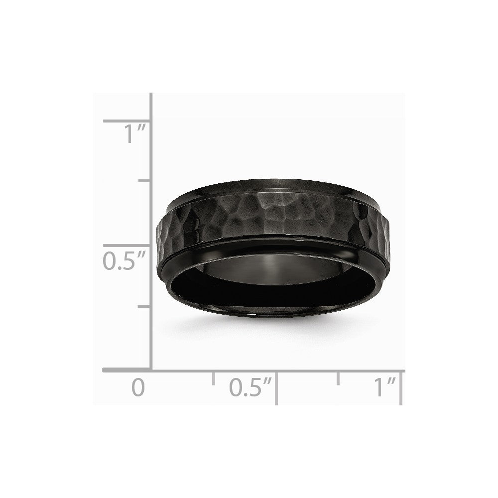 Stainless Steel 8mm Black IP-plated Hammered/Polished Beveled Edge Band