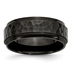 Stainless Steel 8mm Black IP-plated Hammered/Polished Beveled Edge Band