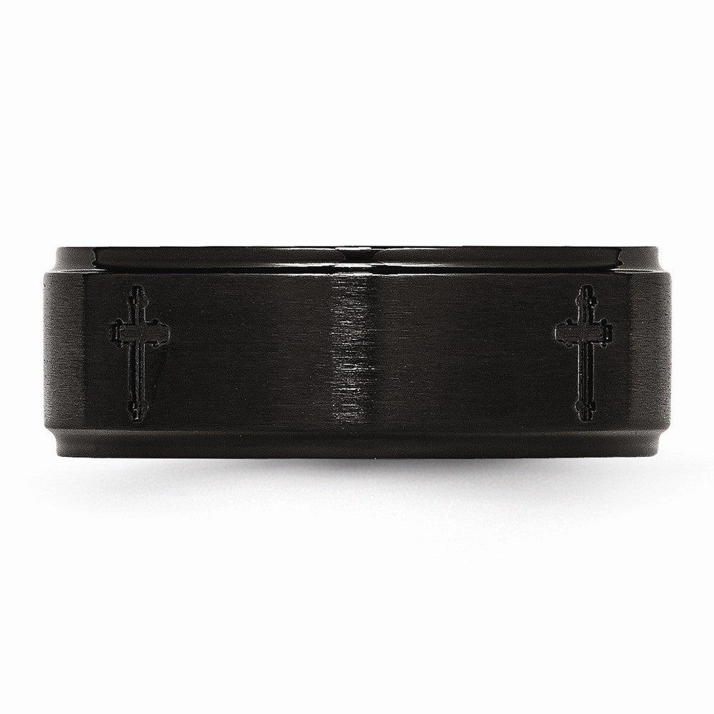 Stainless Steel 8mm Brushed/Polished Cross Cut-Out Black IP-plated Band