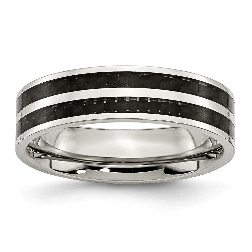 Stainless Steel 6mm Double Row Black Carbon Fiber Inlay Polished Band