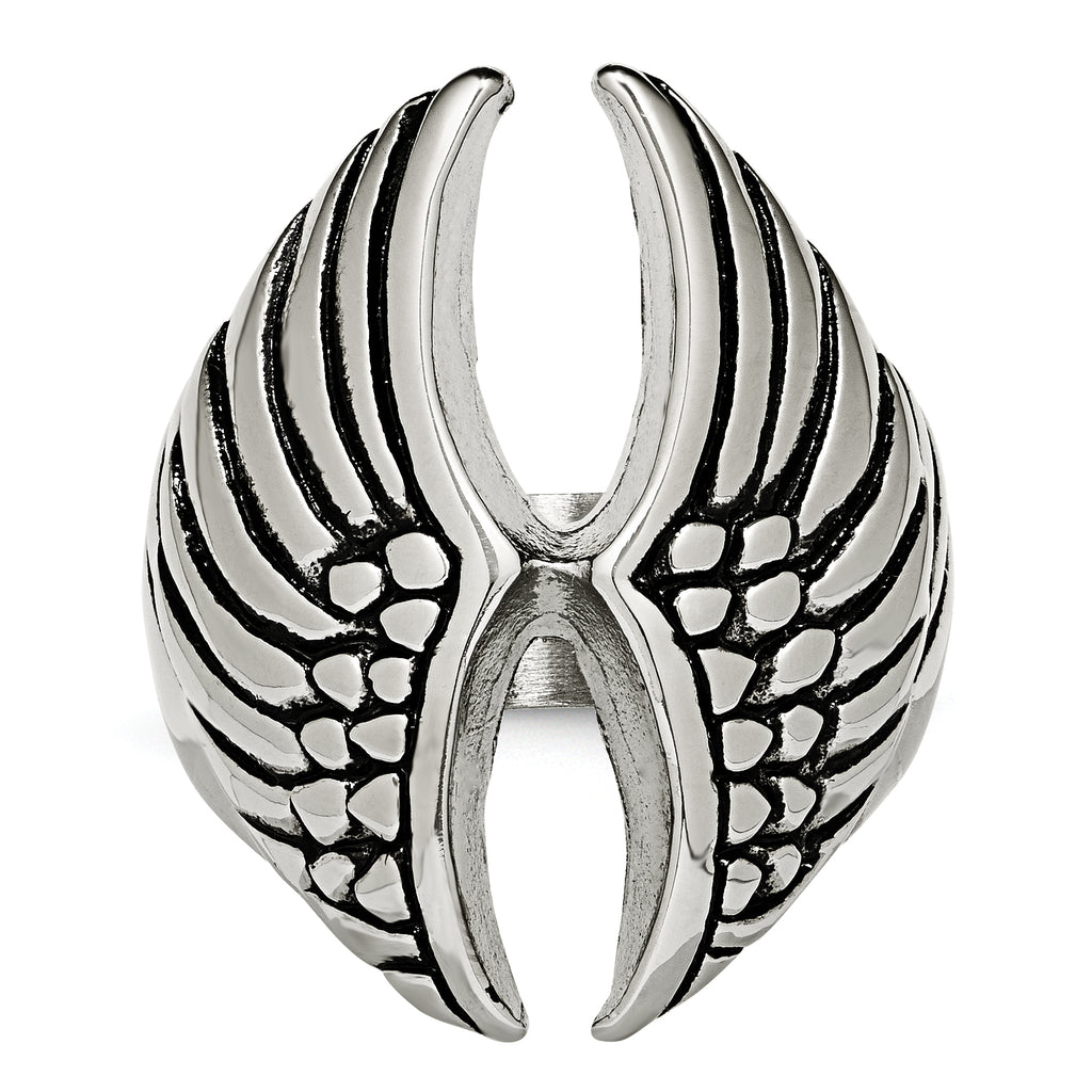 Polished & Antiqued Wings Ring in Stainless Steel