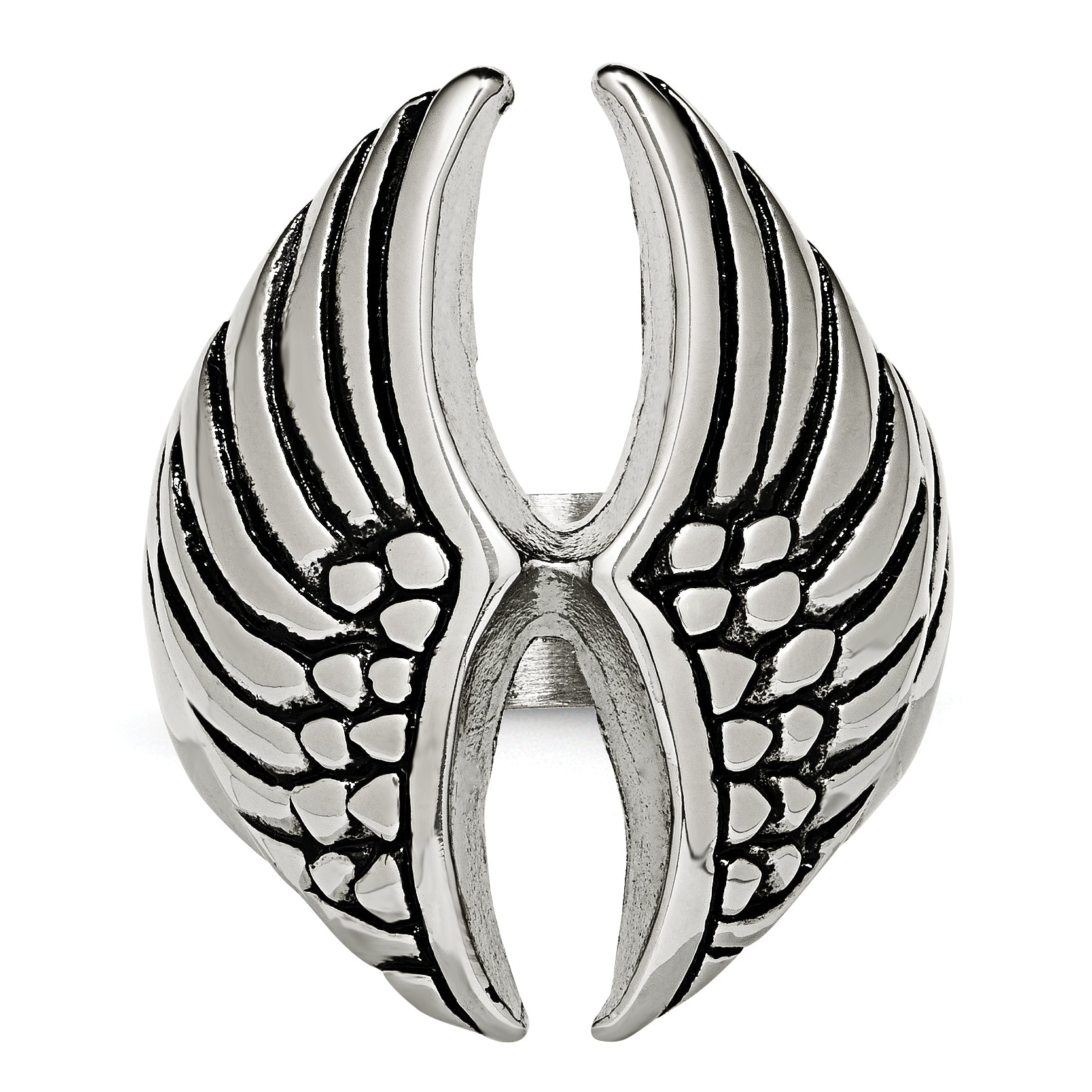 Polished & Antiqued Wings Ring in Stainless Steel