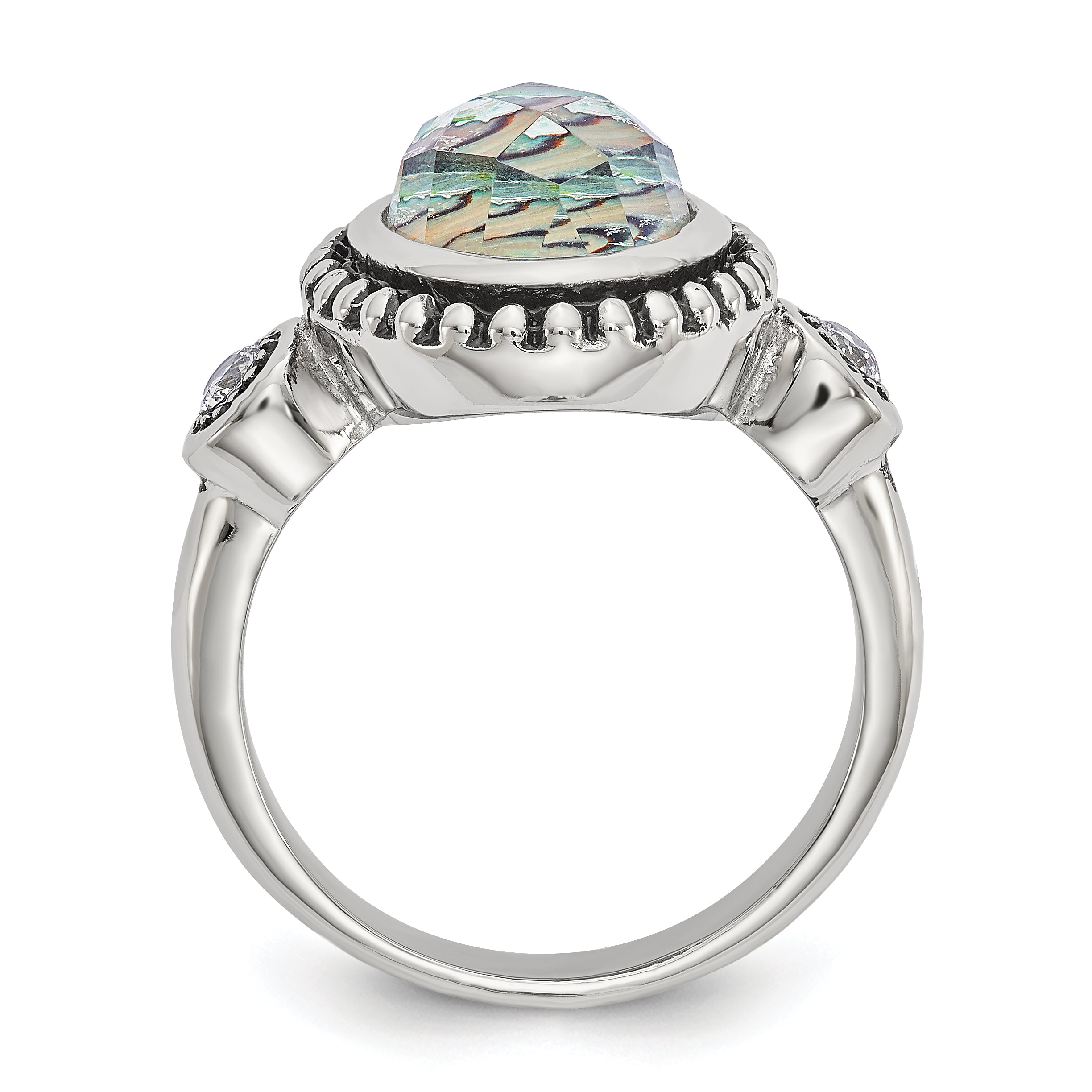StainleSterling Silver Steel Antiqued and Polished Imitation Abalone and CZ Ring Secondary image