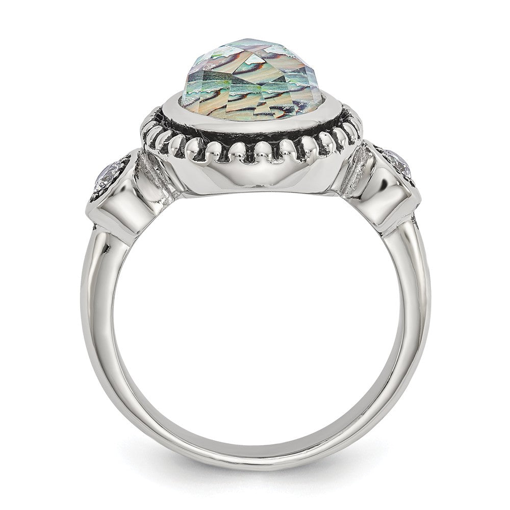 Stainless Steel Ring with Polished Abalone and CZ Stones - 6 - 6