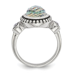 Stainless Steel Ring with Polished Abalone and CZ Stones - 6 - 6