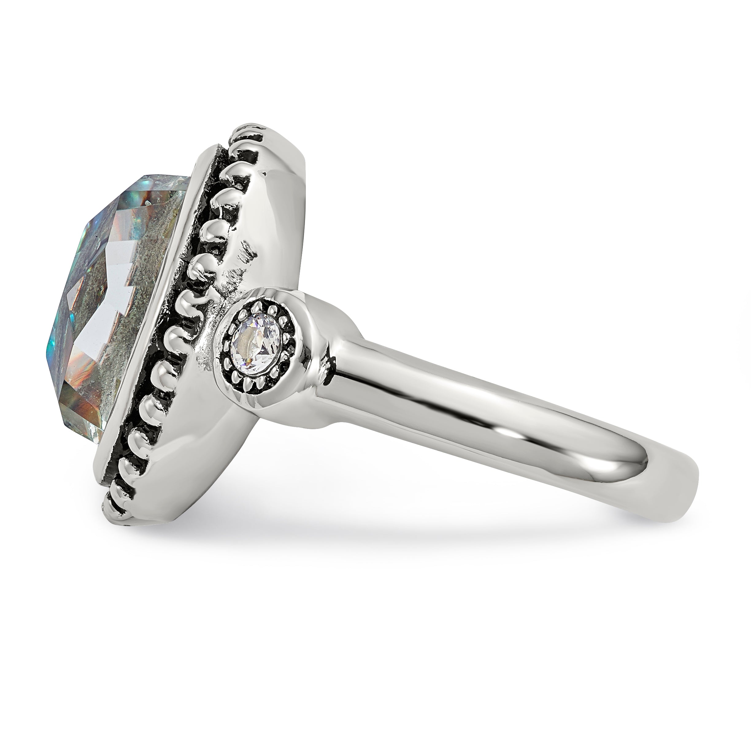 Stainless Steel Antiqued and Polished Imitation Abalone and CZ Ring