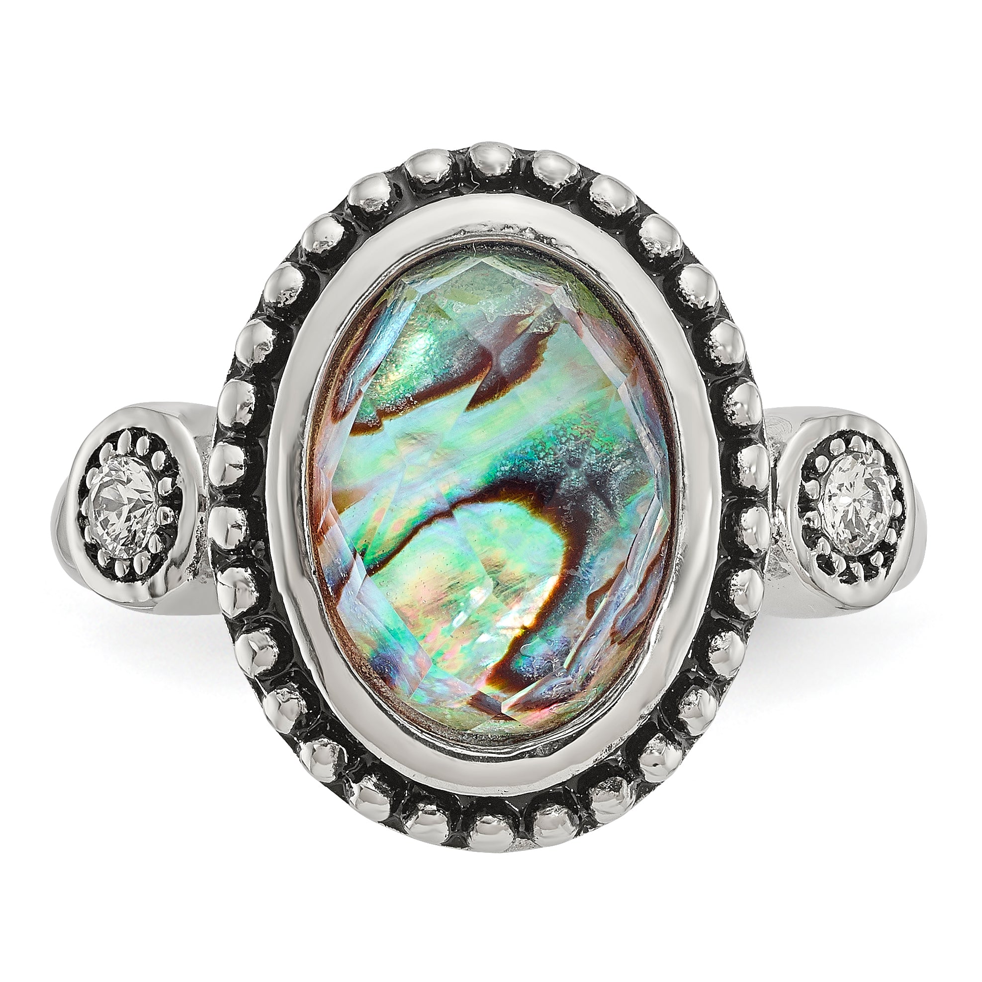 StainleSterling Silver Steel Antiqued and Polished Imitation Abalone and CZ Ring