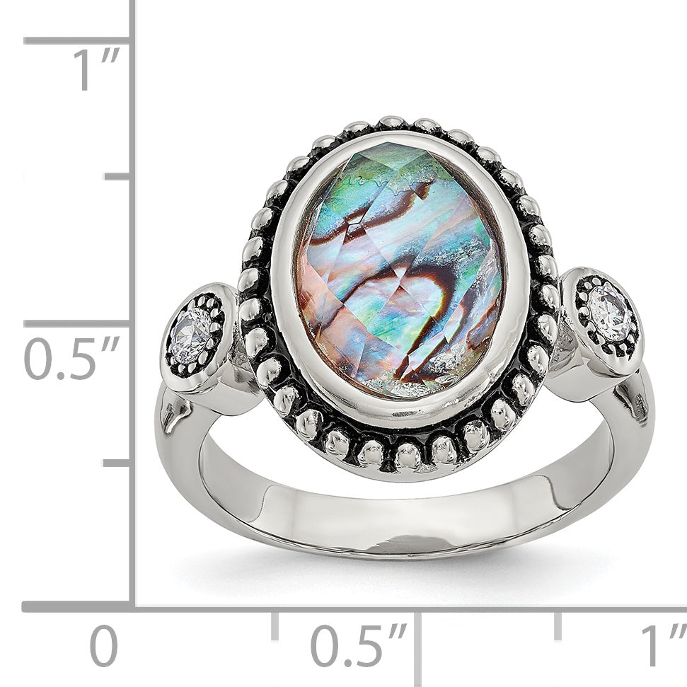 Stainless Steel Antiqued and Polished Imitation Abalone and CZ Ring