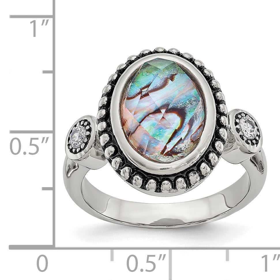 StainleSterling Silver Steel Antiqued and Polished Imitation Abalone and CZ Ring