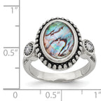 StainleSterling Silver Steel Antiqued and Polished Imitation Abalone and CZ Ring