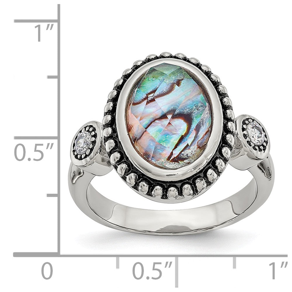 Stainless Steel Ring with Polished Abalone and CZ Stones - 6 - 6