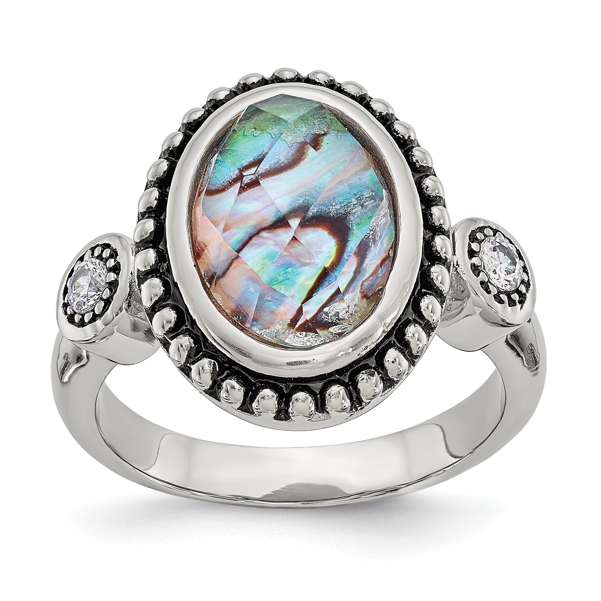 Stainless Steel Antiqued and Polished Imitation Abalone and CZ Ring Main image