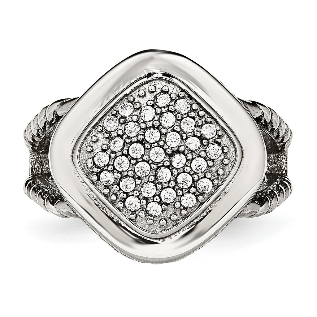 StainleSterling Silver Steel Polished CZ Square Ring