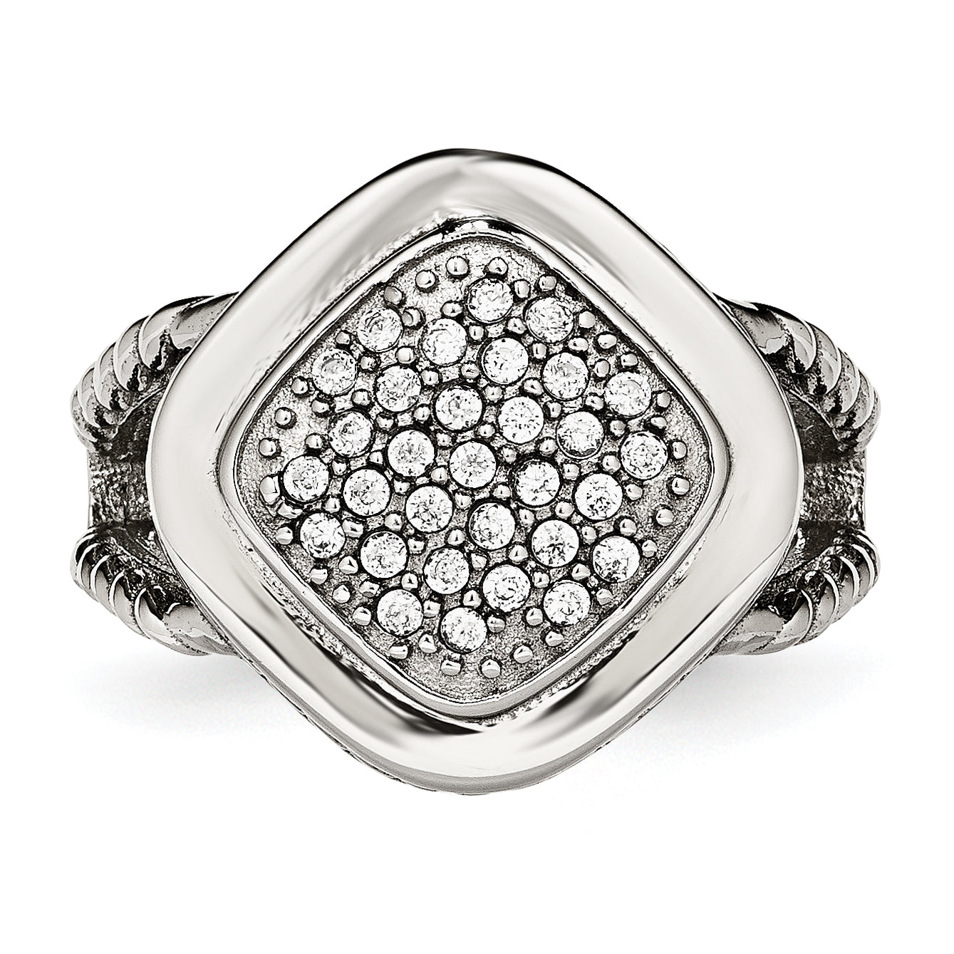 StainleSterling Silver Steel Polished CZ Square Ring