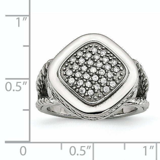 StainleSterling Silver Steel Polished CZ Square Ring