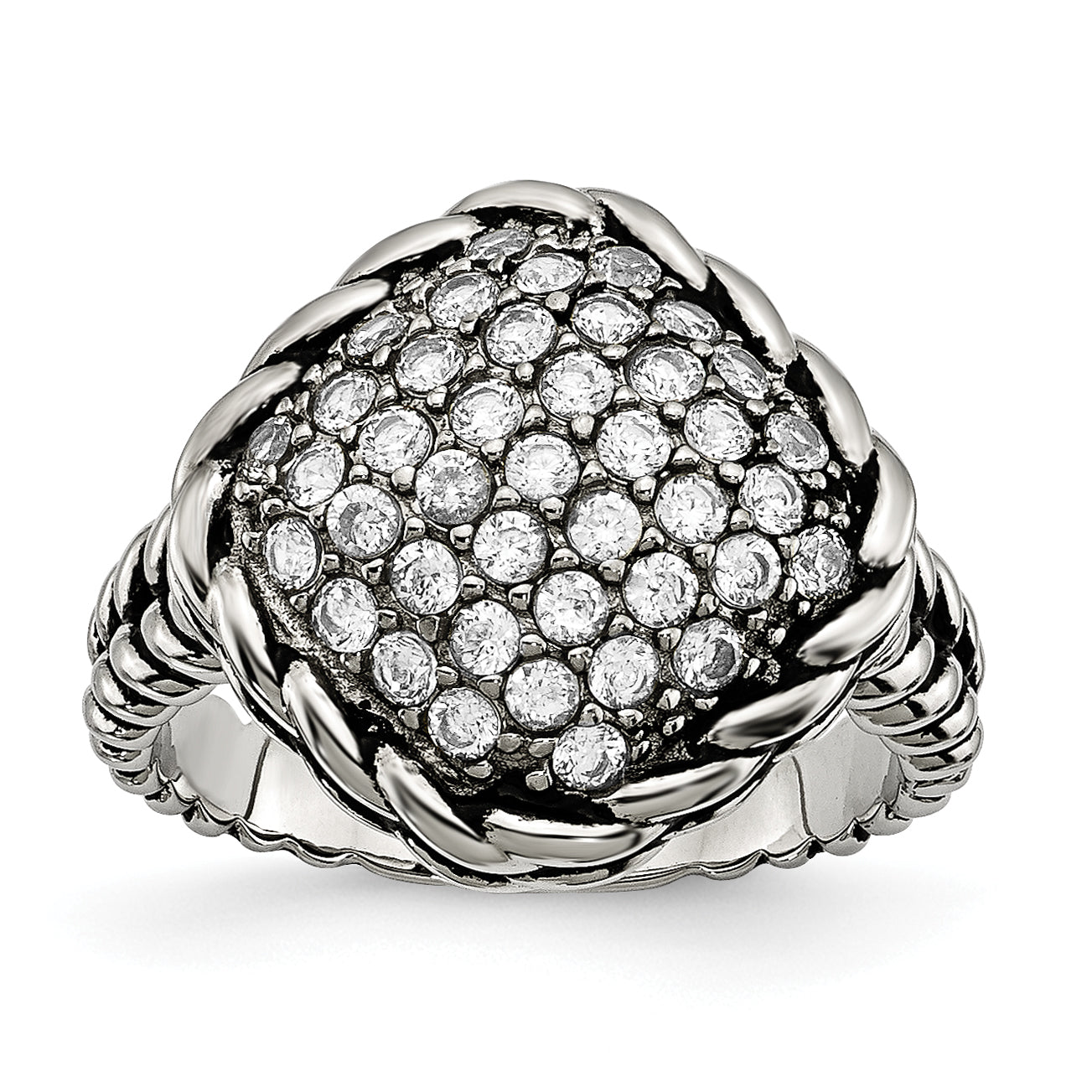 Stainless Steel Polished and Antiqued CZ Square Ring Main image
