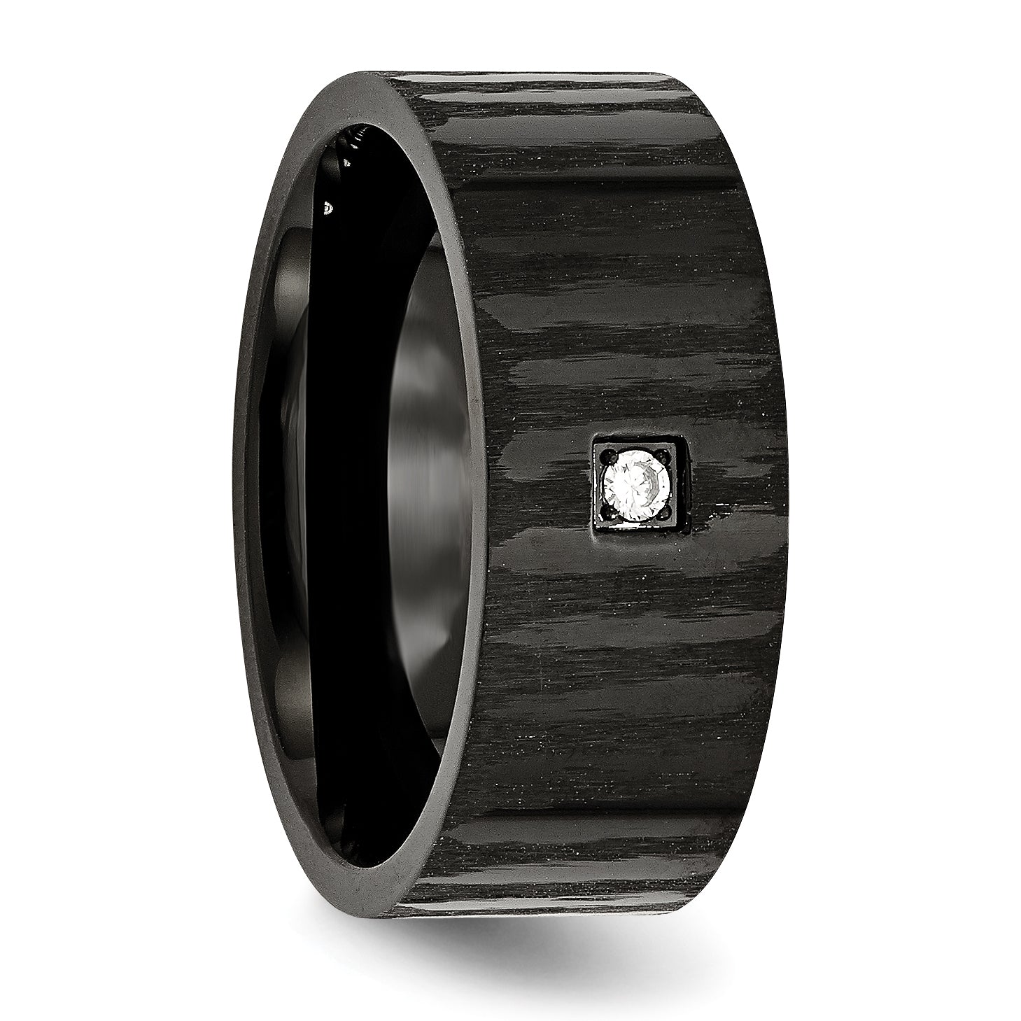 Stainless Steel Brushed and Polished Black IP-plated with CZ 9mm Flat Band