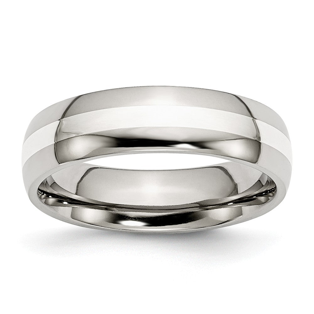 Stainless Steel Wedding Band with Sterling Silver Inlay Polished Finish - 6