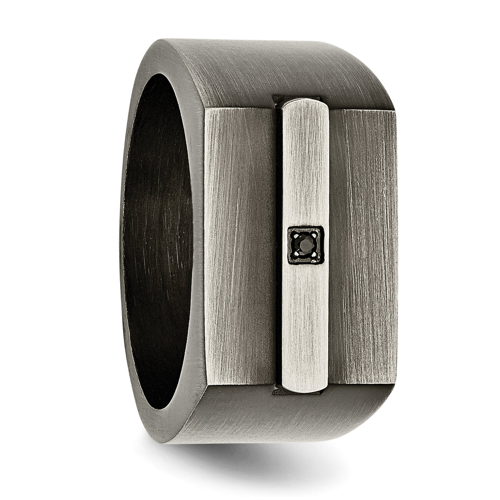 StainleSterling Silver Steel Antiqued and Brushed with Black CZ Signet Ring