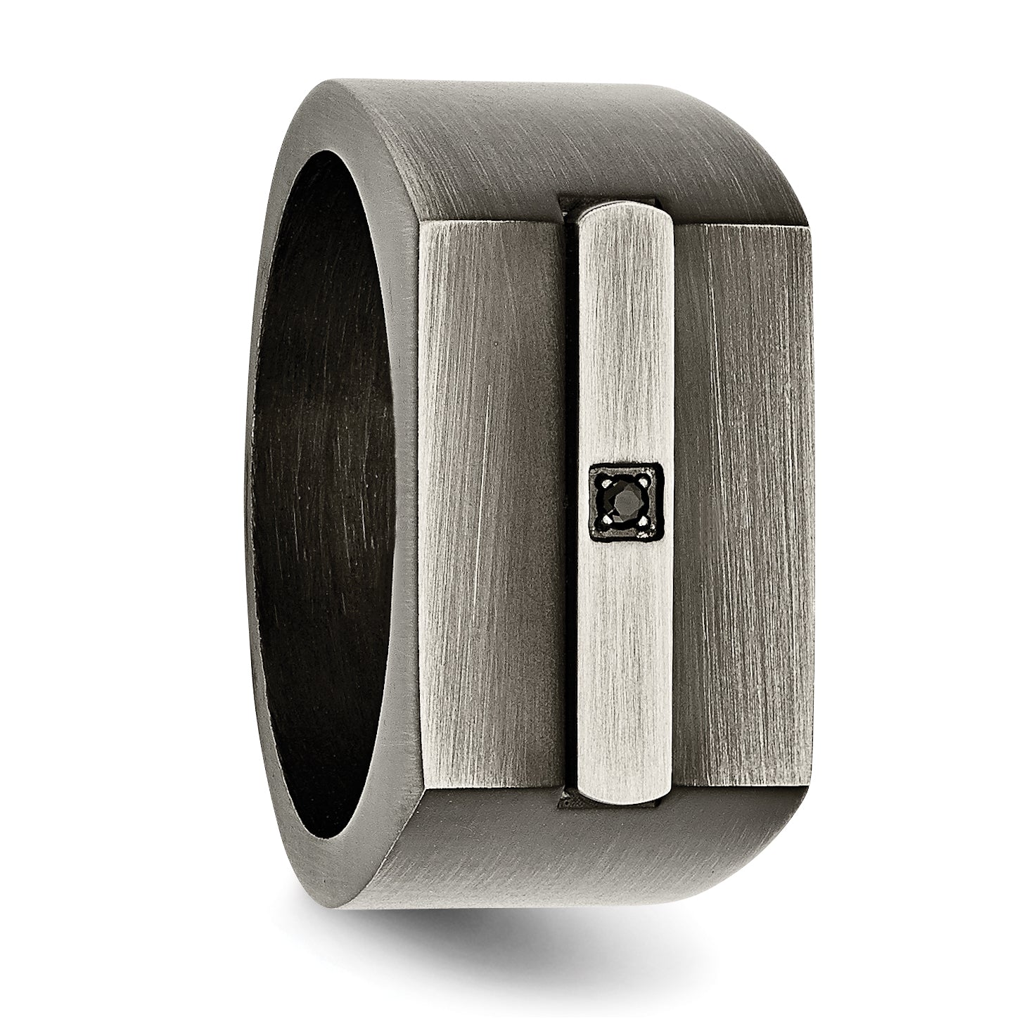 StainleSterling Silver Steel Antiqued and Brushed with Black CZ Signet Ring