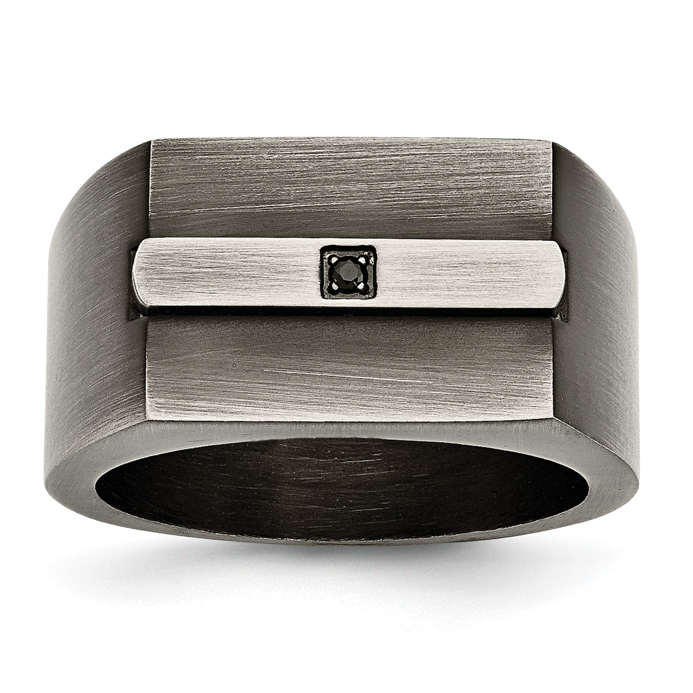 Stainless Steel Antiqued and Brushed with Black CZ Signet Ring Main image