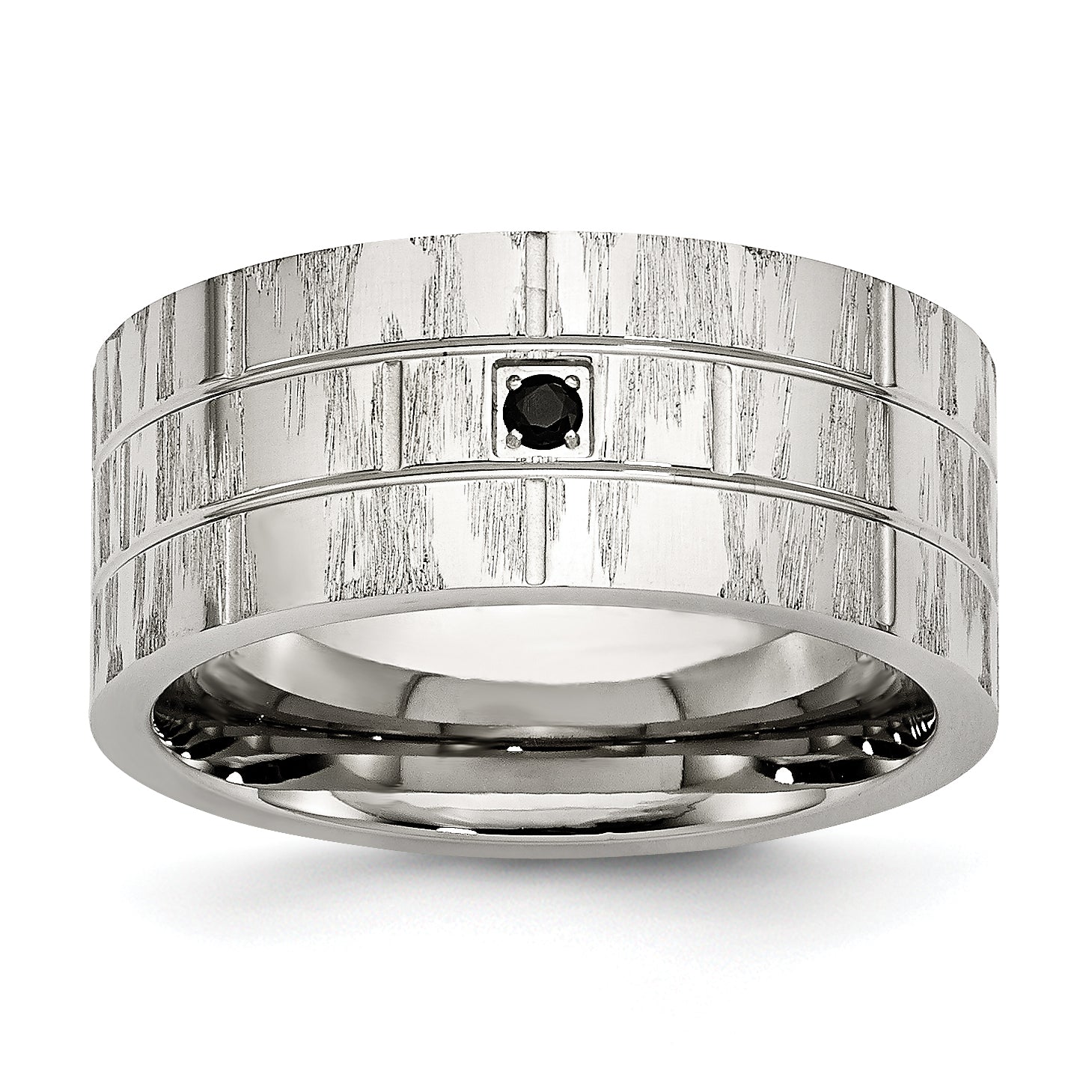 Stainless Steel Brushed and Polished with Black CZ 10mm Flat Band Main image
