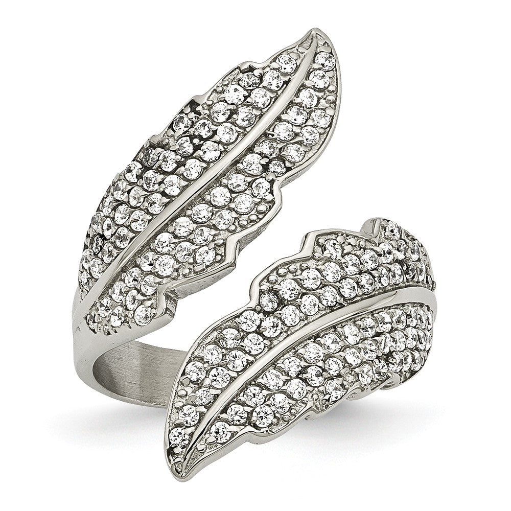 Sophia Jewelers Polished Leaf Ring with CZs in Stainless Steel Main image