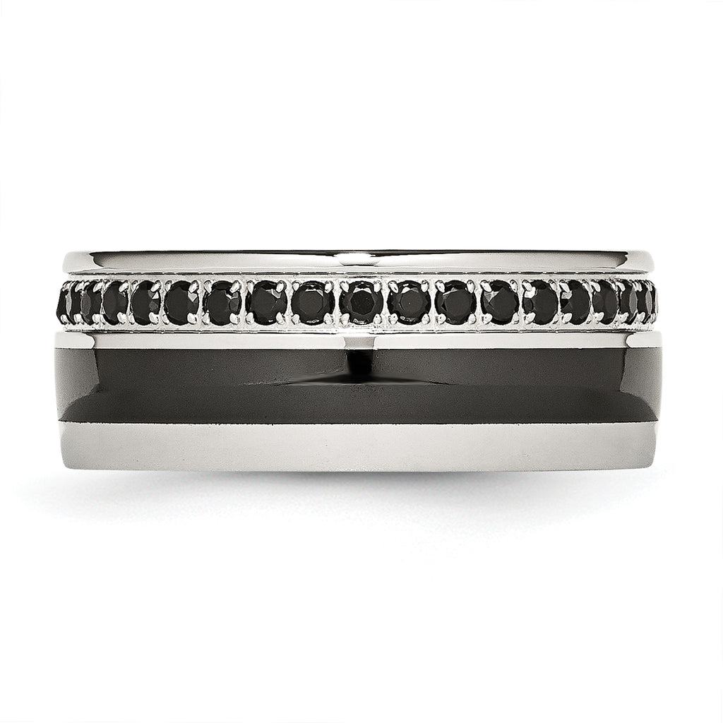 Black Ceramic Inlay Wedding Band in Stainless Steel with Black CZ, 9mm