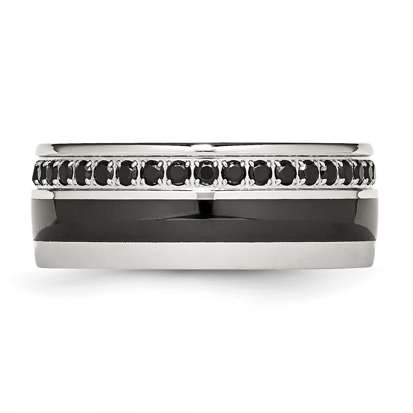 Black Ceramic Inlay Wedding Band in Stainless Steel with Black CZ, 9mm