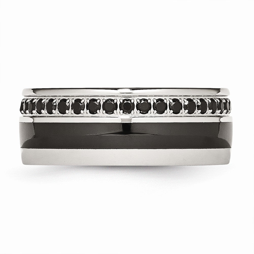 Black Ceramic Inlay Wedding Band in Stainless Steel with Black CZ, 9mm
