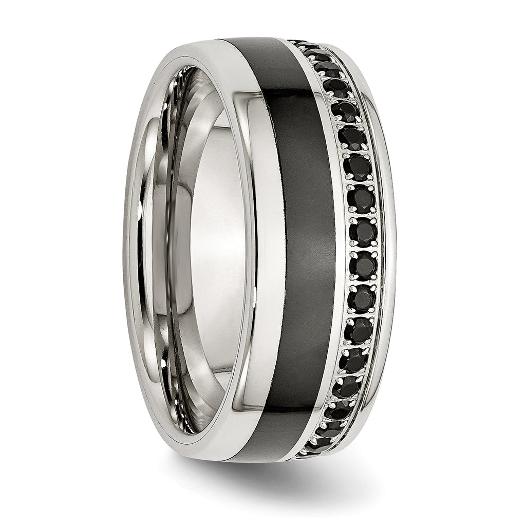 Black Ceramic Inlay Wedding Band in Stainless Steel with Black CZ, 9mm