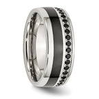 Black Ceramic Inlay Wedding Band in Stainless Steel with Black CZ, 9mm