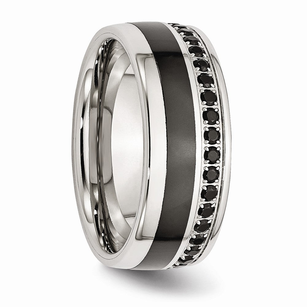 Black Ceramic Inlay Wedding Band in Stainless Steel with Black CZ, 9mm