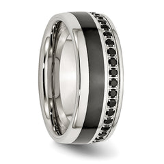 Stainless Steel Polished Black Ceramic Inlay Black CZ 9mm Band