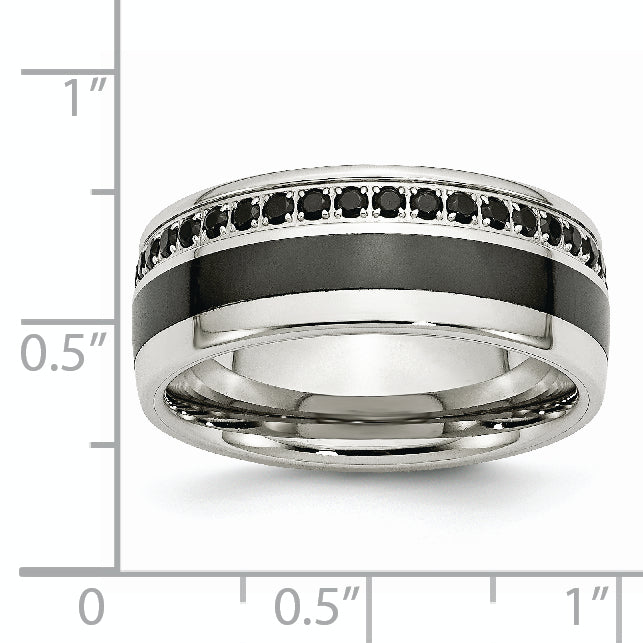 Black Ceramic Inlay Wedding Band in Stainless Steel with Black CZ, 9mm