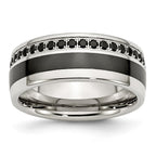 Black Ceramic Inlay Wedding Band in Stainless Steel with Black CZ, 9mm