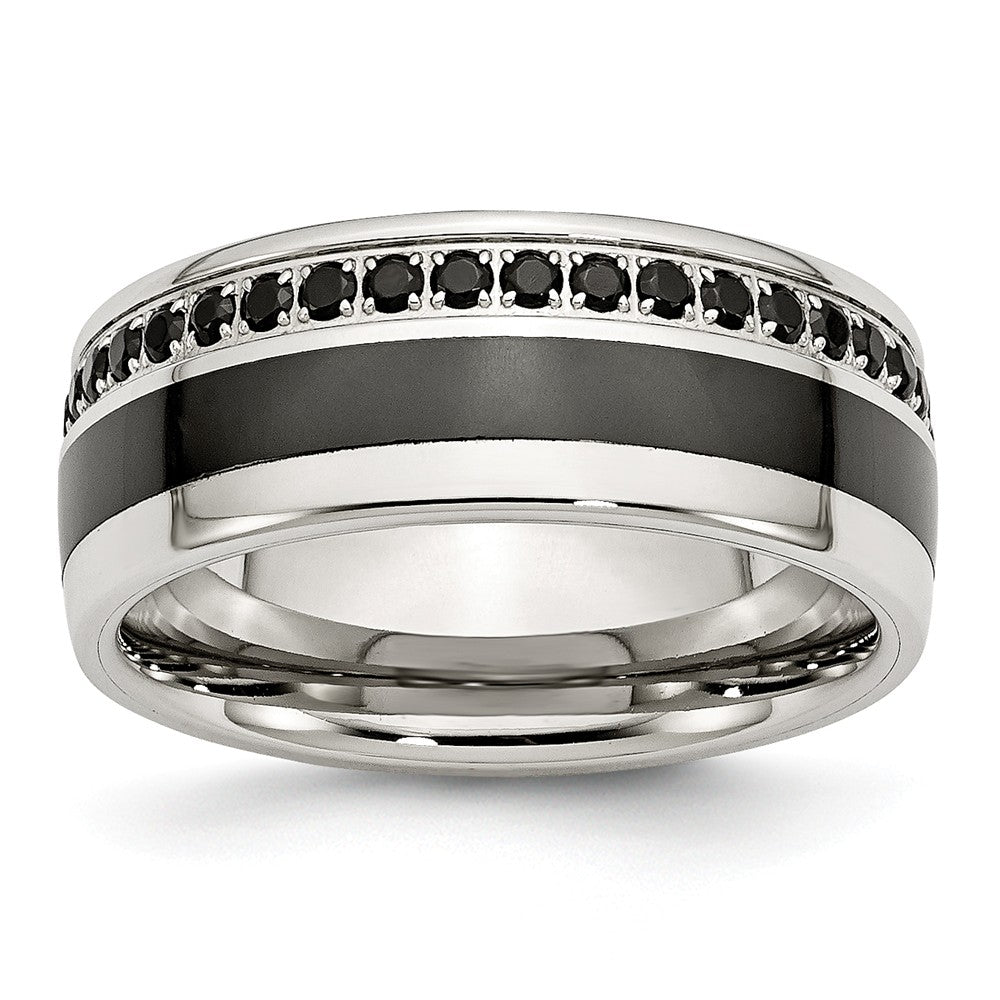 Black Ceramic Inlay Wedding Band in Stainless Steel with Black CZ, 9mm