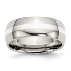Stainless Steel Wedding Band with Sterling Silver Inlay Polished, Engravable 8mm Comfort Fit